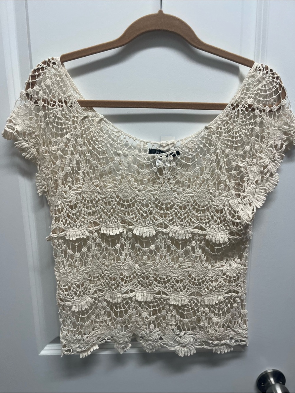NWT Solution Cream Crochet Lace Short Sleeve Cotton Top OS Boho